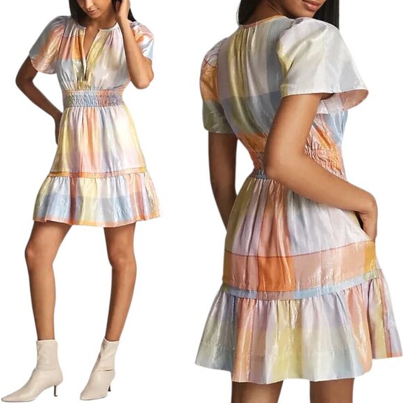 Anthropologie Dresses & Skirts - Anthropologie, Women’s ‘Somerset’ Mini Dress Metallic Plaid Pastel, Orange Large